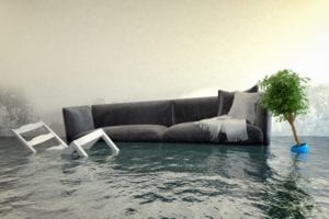 room and furniture damaged by water