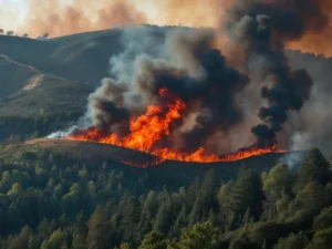Hillside forest engulfed in massive wildfire accompanied by dense smoke.