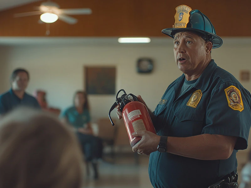 A Firefighter Demonstrates the Proper Use of a Fire Extinguisher in a Community Meeting Room