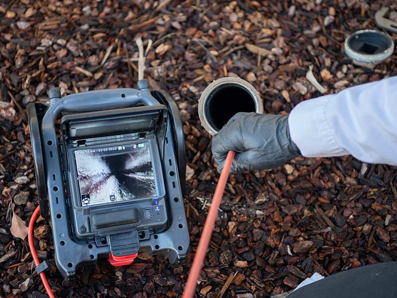 Technician runs inspection camera sewer scope down drain