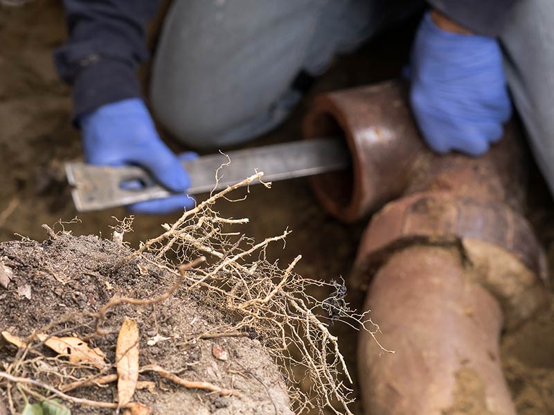 Man Digging Tree Roots Out of Old Clogged Clay Ceramic Sewer Pipe