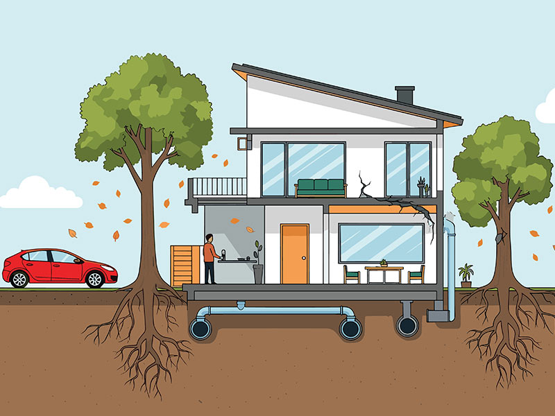 Illustration of how underground tree roots can impact home plumbing and foundations.