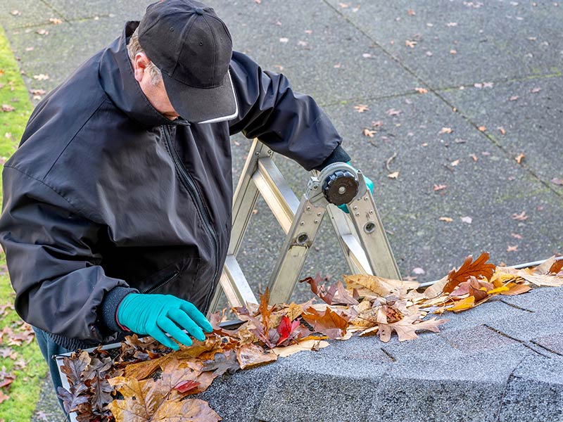 Man-cleaning-leaves-from-roof-gutter