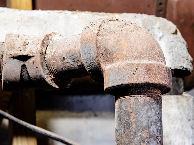 dangerous broken asbestos wrap insulation on rusty heating system pipes