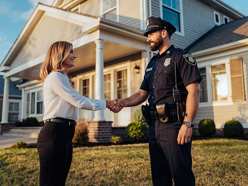 Colorado home owner shaking hands with a town police officer