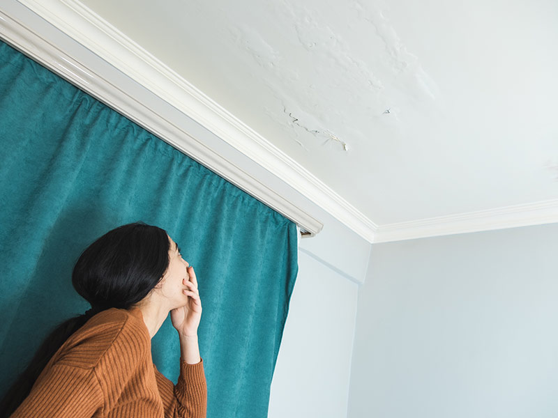 damaged ceiling with sad woman
