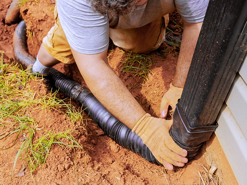 Man installing flexible gutter extension drainage pipe connector downspout