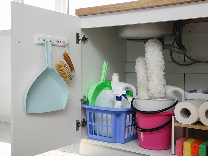 open cabinet door under sink